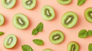 Kiwi slice fruit and fresh mint leaves natural organic arranged pattern seamless diagonal layout photo