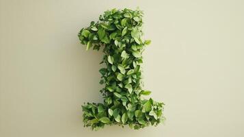 The number 1 is framed by a series of green leaves solid background photo