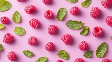 Raspberry and fresh mint leaves arranged pattern seamless diagonal layout photo