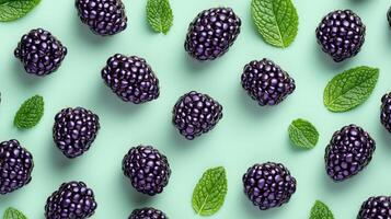 Blackberry and fresh mint leaves arranged pattern seamless diagonal layout photo