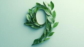 The number 9 is framed by a series of green leaves solid background photo