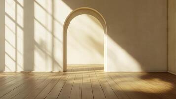 Beige wall room with shadow window sunlight and arch entrance on empty house photo