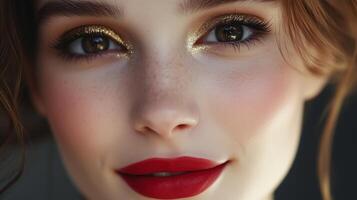Young female closeup face makeup gold eye shadow and red lipstick with smile photo