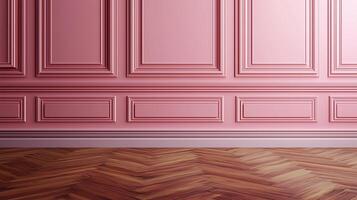 Classic house aesthetic with pink wall and brown parquet floor and planthouse photo
