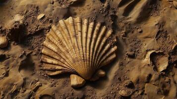 Shell fossil on soil trace print paleontology research study photo