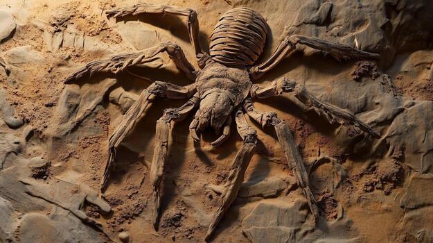 Tarantula skeleton fossil on clay stone print trace historical photo