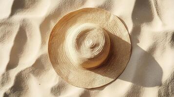 Brown rattan hat on beach white sand travel destination on summer photo