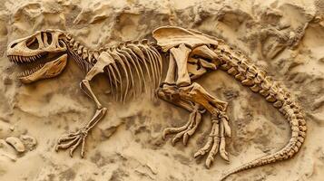 Tyrannosaurus, fossil skeleton imprint on ground soil rock study research photo