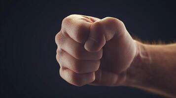 Hands man clenched tightly with enthusiasm fighting power view from side photo