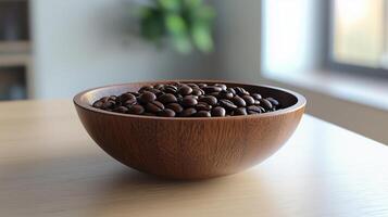 Coffee bean on wooden bowl in kitchen table with blurred background photo