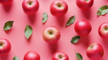 Apple fruit with mint seamless pattern on pink background photo