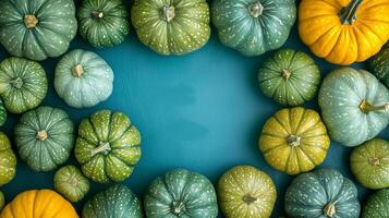 Green pumpkin real food botanical farm seamless pattern on green background photo