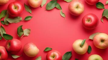 Apple fruit and green leaves for decoration copy space solid background photo