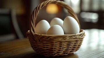 Egg on rattan wooden basket for cooking protein animal food photo