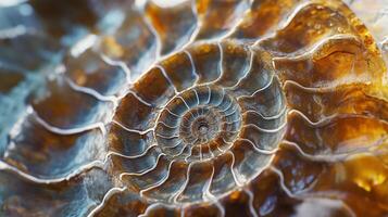 Closeup ammonite fossil ancient marine animal paleontology research photo