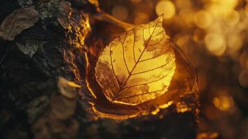 Leaf trapped on sap tree make a amber fossilization on tree tunk photo