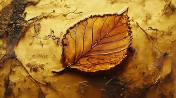 Yellow brown leaf dried falling from tree to soil ground on park or forest photo