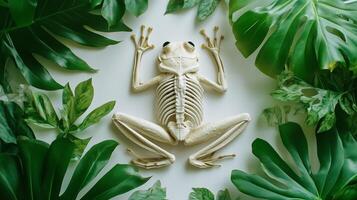 Skeleton frog white bone flat lay on white background photo