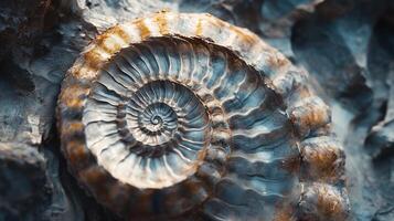 Closeup ammonite fossil ancient marine animal paleontology research photo