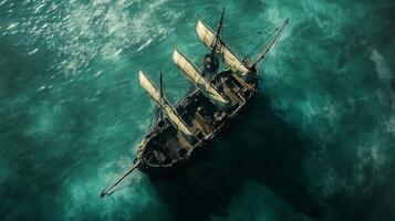 Aerial view of ship sailing in blue water ocean for journey marine transportation photo