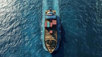 Aerial view cargo ship in ocean for export import industrial product international shippment photo