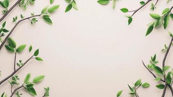 Tree branches and green leaves surround the frame. photo