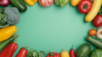 Tomato bell pepper squash cucumber of fresh vegetable rounded frame in blue background photo