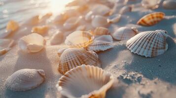 Shell ocean animal arranged decoration pattern beach sand photo