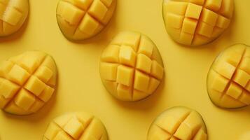 Flat lay mango slice fruit real food healthy organic snack with yellow background photo