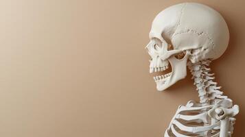 Skeleton head, chest, neck and shoulder of human from side view copy space white background photo