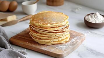 Gluten free ingredient pancakes stack on wooden board for simple breakfast photo