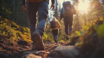 People mapping in forest mountain adventure activity with sun light photo