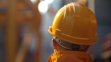Yellow safety helmet head equipment protection on working place photo