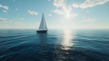 Boat sail in ocean with blue sky and horizon photo