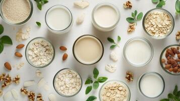 Various vegan lactose free milk healthy drink for breakfast photo