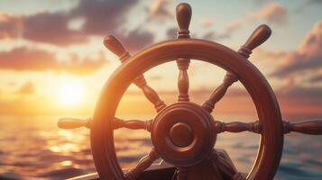 Ship tearing wheel of automobile control sailing and sunset sky photo