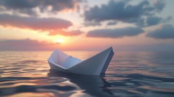 Paper boat in water sailing in ocean for kids toys photo