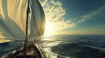 The tip boat ship sailing in ocean with blue sky photo