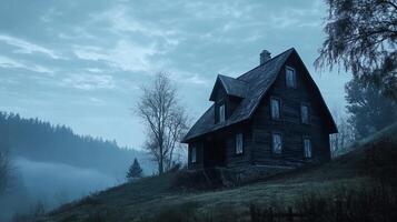 Spooky mansion silhouette on midnight sky mansion in pine dried tree forest photo