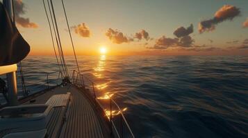 The tip boat ship sailing in ocean with sunset sky photo