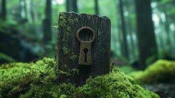 Old key lock antique on wooden board and mossy stone in green forest photo