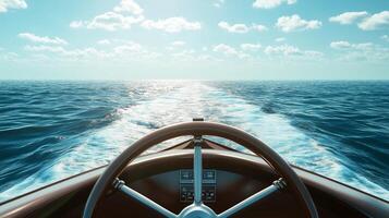 Steering wheel boat sailing in ocean, horizon and blue sky photo