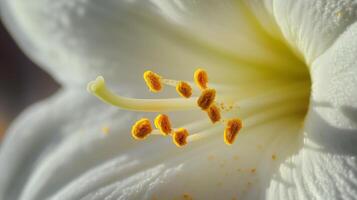 Closeup amarillys flower with yellow pistils and white petals blurred background photo