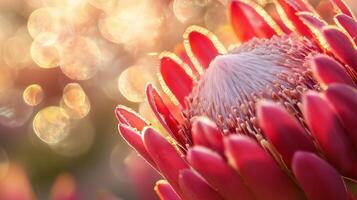 Protea closeup macro flower with vibrant sun light nature background photo