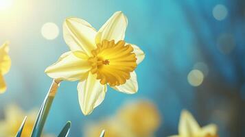 Daffodil yellow flower with vibrant sun light blurred background photo