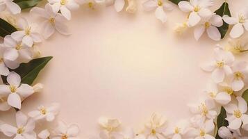 Jasmine white flower and leaves rounded frame blank center space nature background photo
