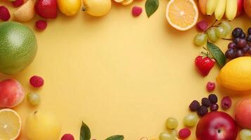 Various fruits healthy real food rounded frame copy space yellow background photo