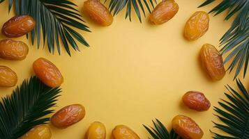 Dates fruit frame and leaves healthy real food snack copy space background photo