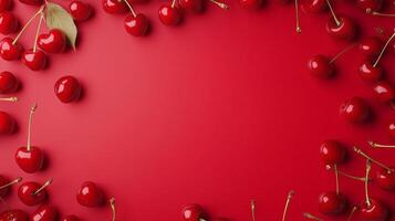 Cherry fruit rounded frame blank center copy space red background photo