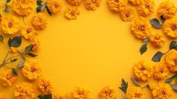 Marigold flower and leaves rounded frame blank center space nature background photo